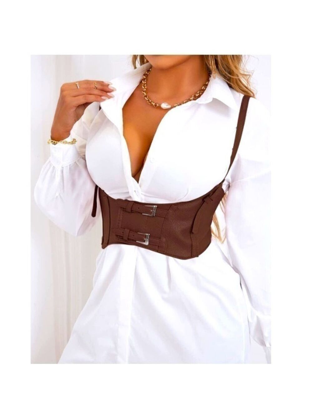 Womens Sexy Steampunk Vegan Brown Leather Bustier Underbust Waist Belt Corset